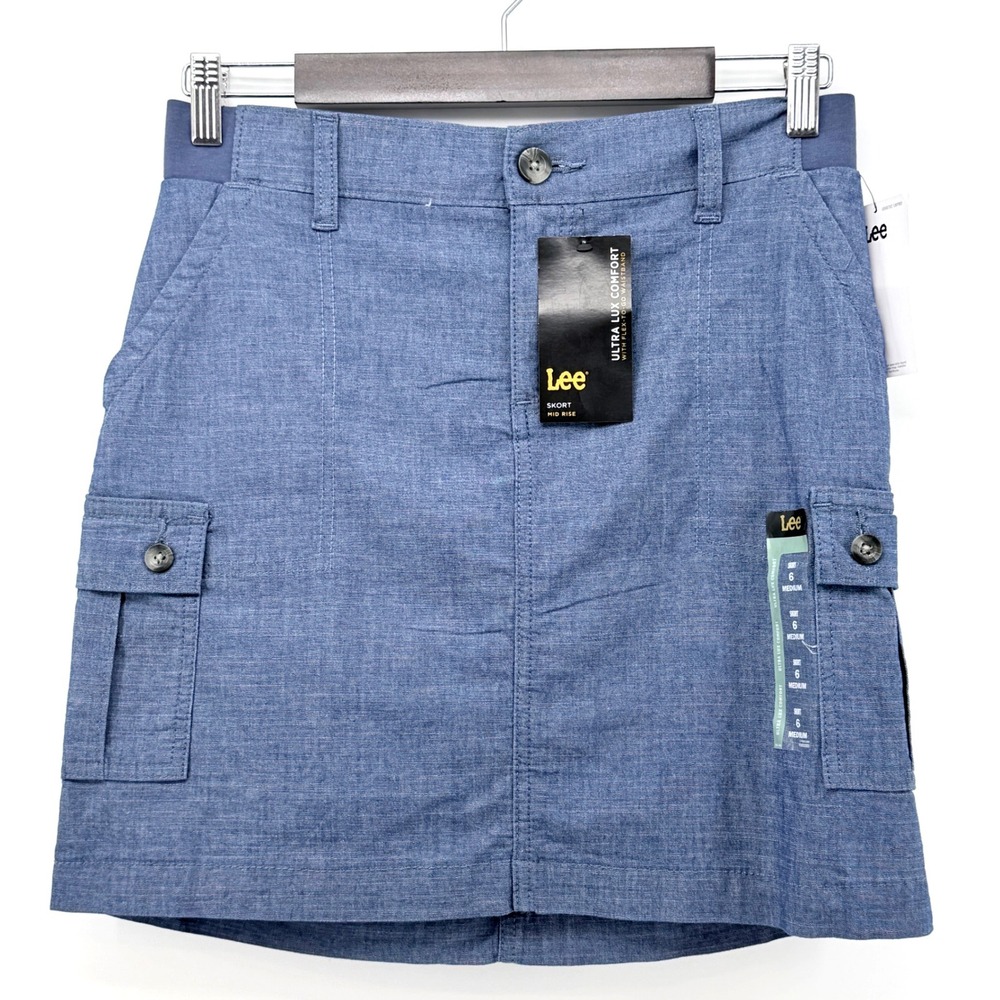Lee Skort Womens 6 Blue NWT Ultra Lux Comfort Cargo Chambray Mid Rise